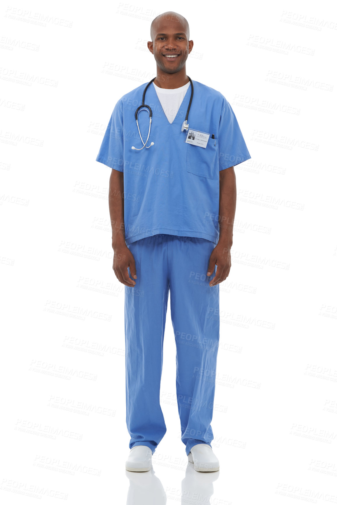 Buy stock photo Black man, portrait and happy surgeon in studio for healthcare services, clinical consulting or trust on white background. Professional doctor, expert medical employee or working with pride in scrubs
