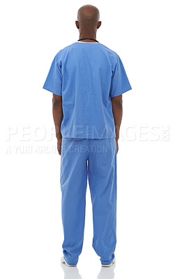 Buy stock photo Studio shot of a young african doctor with his back facing the camera