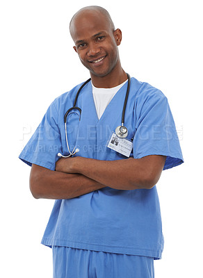 Buy stock photo Man, portrait and surgeon in studio with arms crossed for healthcare services, medicine and consulting on white background. Happy african doctor, professional medical employee and working with pride