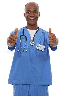 Buy stock photo Studio shot of a young african doctor showing thumbs up