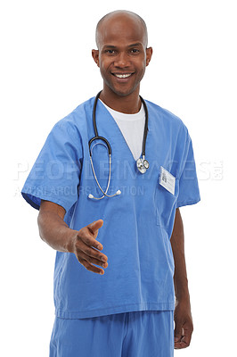 Buy stock photo Doctor, portrait and black man with handshake offer in studio for welcome, hello or greeting sign on white background. Healthcare, face and male surgeon with shaking hands deal for partnership trust