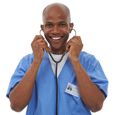 Buy stock photo Stethoscope, black man and studio portrait of happy doctor for heartbeat, breathing or healthcare test. Health, medical surgeon and cardiology tools for cardiovascular assessment on white background