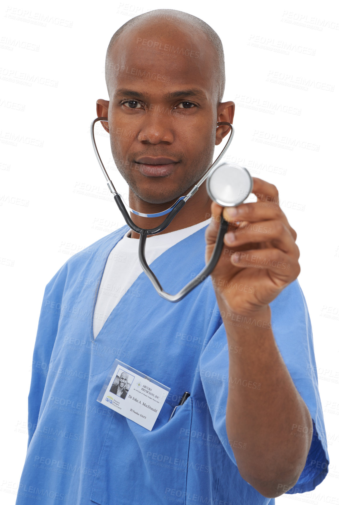 Buy stock photo Stethoscope, black man and studio portrait of surgeon for heartbeat, breathing or doctor service assessment. Healthcare, medical equipment and cardiologist with cardiology tools on white background