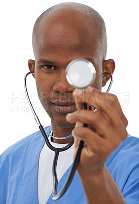 Buy stock photo Stethoscope, black man and portrait of surgeon serious for heartbeat, breathing or doctor service assessment. Studio face, cardiology tools and nurse for cardiovascular evaluation on white background