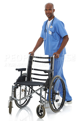 Buy stock photo Portrait, healthcare and doctor with a wheelchair, man and employee isolated on white studio background. African person, worker or physician with medical equipment, surgeon or happy with professional