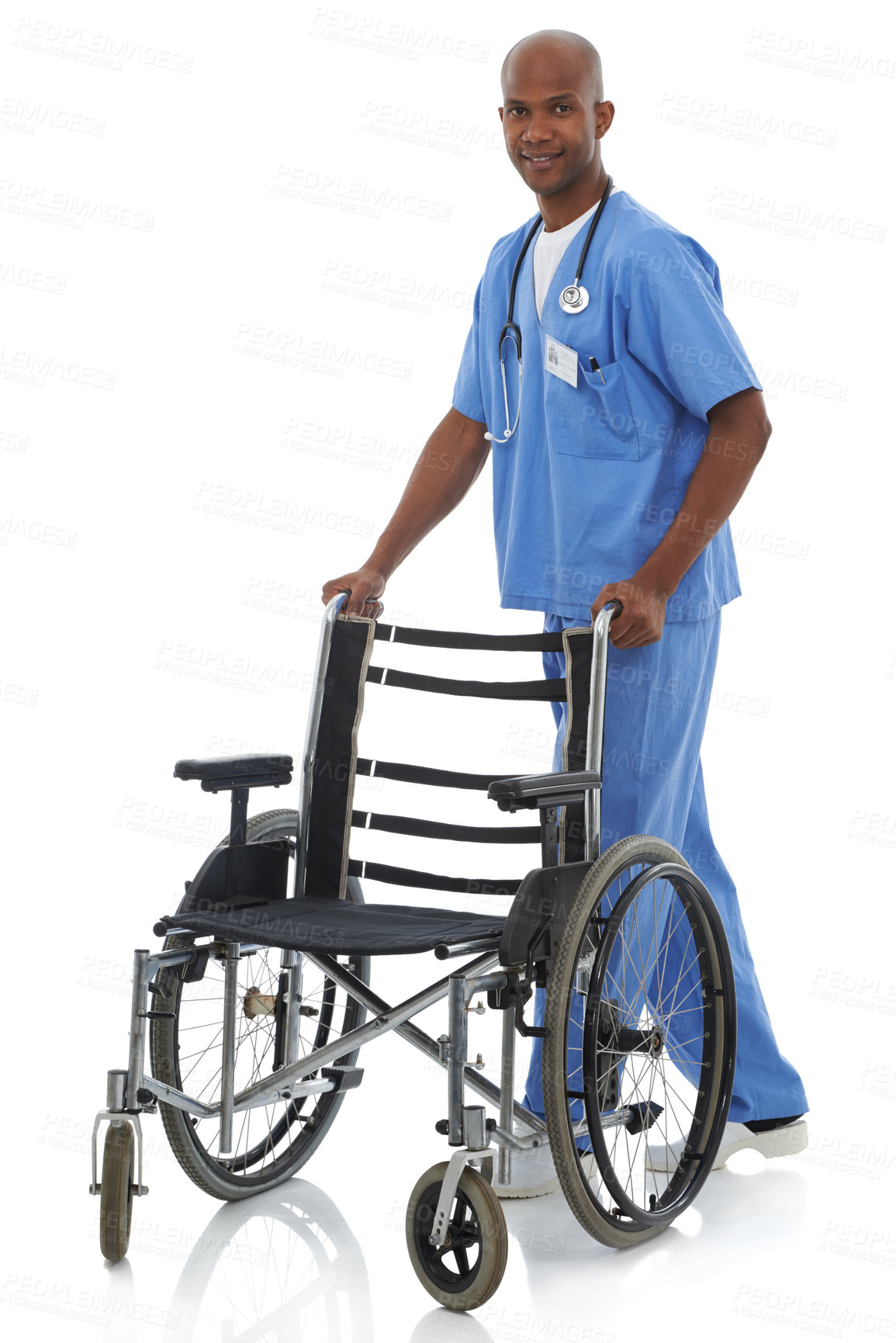 Buy stock photo Portrait, healthcare and doctor with a wheelchair, man and employee isolated on white studio background. African person, worker or physician with medical equipment, surgeon or happy with professional