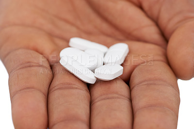Buy stock photo Hand, pills and medication for sickness, virus and disease with drugs, medicine or vitamins. Patient, pharmaceutical and healthcare for treatment, medical and tablets for closeup or prescription