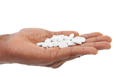 Buy stock photo Hand, pills and medication for healthcare, virus and disease with drugs, medicine or vitamins. Patient, pharmaceutical and sickness for pharmacy, medical and tablets for treatment prescription