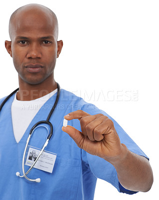 Buy stock photo Black man, pills and portrait, healthcare with doctor or nurse, prescription medicine or supplements. Medication, medical and wellness with vitamins, treatment and person with pharmaceutical drugs
