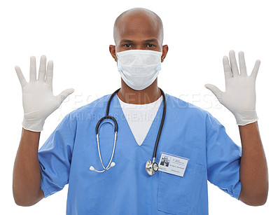 Buy stock photo Portrait, uniform and mask with doctor, man and gloves isolated on a white studio background. Face cover, medical and professional with regulations, policy and healthcare with protection and safety