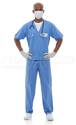 Buy stock photo Portrait, mask and uniform with nurse, man and confident employee isolated on a white studio background. Face cover, African person and medical with professional, nurse and healthcare with protection