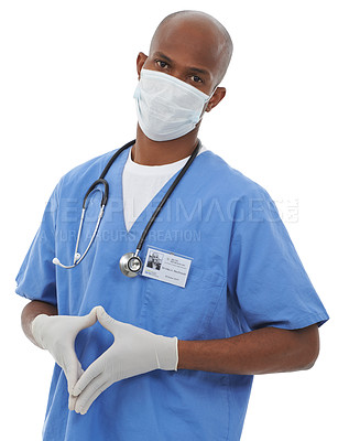 Buy stock photo Portrait, hands together and man with a mask, doctor and professional isolated on white studio background. Face cover, medical and surgeon with uniform, safety and regulations with policy and healthy