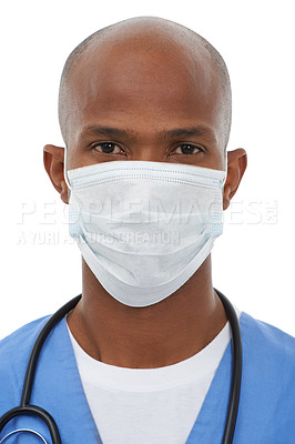 Buy stock photo Portrait, man and mask with doctor, healthcare and confident employee isolated on a white studio background. Face cover, medical and professional with uniform, Covid19 regulations and protection
