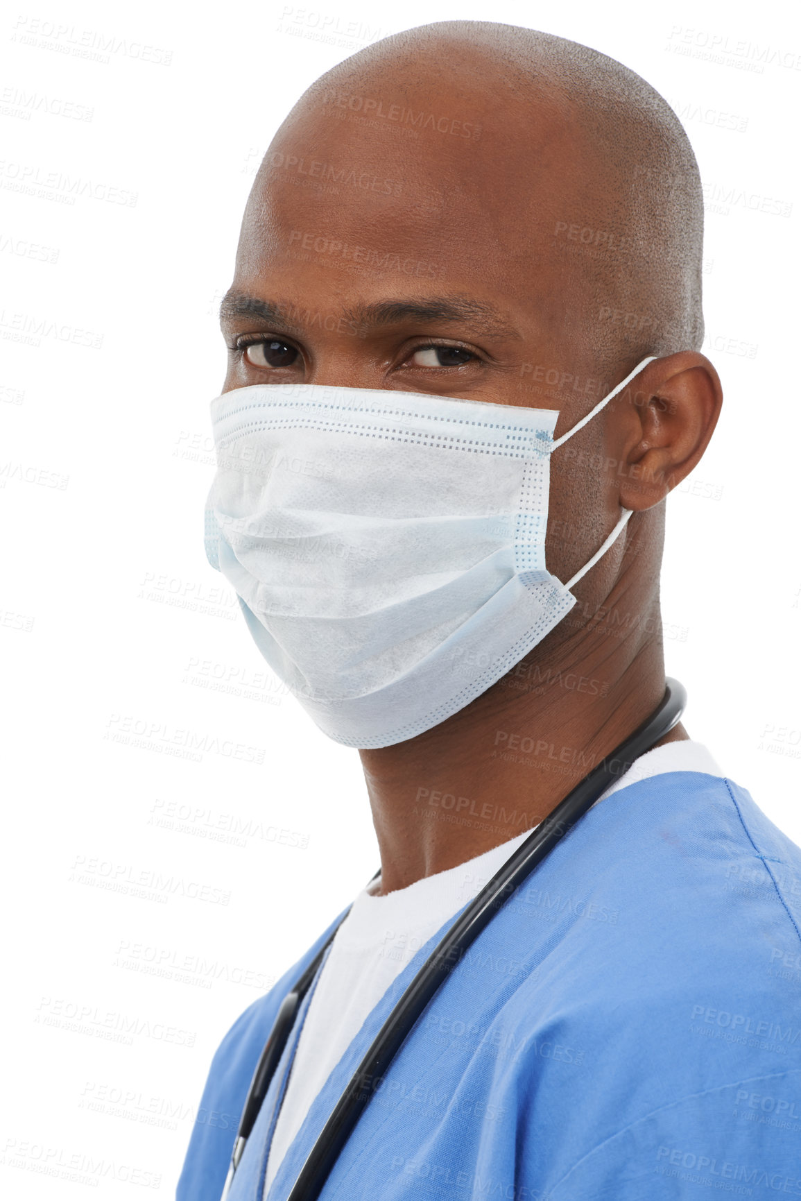 Buy stock photo Portrait, man and mask with doctor, professional or confident employee isolated on white studio background. Face cover, medical or healthcare with uniform, Covid19 regulations or safety with wellness