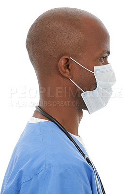 Buy stock photo Profile, man and doctor with a mask, professional and healthcare isolated on a white studio background. African person, model and nurse with a face cover, Covid19 regulations and career with safety