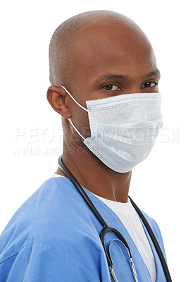 Buy stock photo Portrait, man and mask with doctor, safety and confident employee isolated on a white studio background. Face cover, medical and professional with healthcare, Covid19 regulations and protection