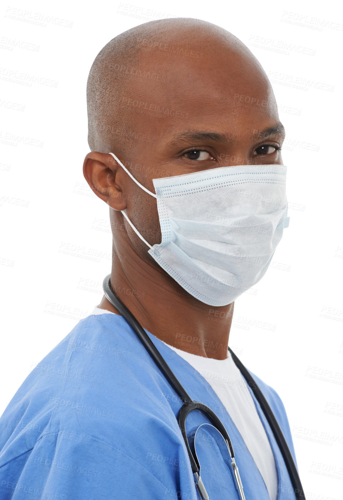 Buy stock photo Portrait, man and mask with doctor, safety and confident employee isolated on a white studio background. Face cover, medical and professional with healthcare, Covid19 regulations and protection