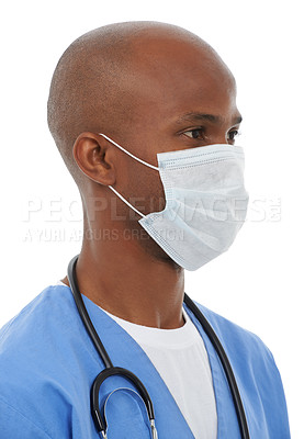 Buy stock photo Thinking, man and doctor with a mask, professional and career isolated on a white studio background. African person, model and nurse with a face cover, Covid19 regulations and healthcare with safety