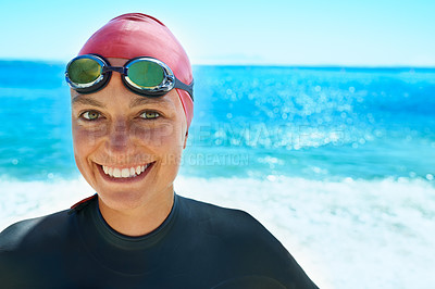 Buy stock photo Swimmer, goggles and portrait of woman at ocean outdoor in summer for exercise, training or workout on mockup space. Sea, face or sport athlete in nature for fitness, health or triathlon at the beach