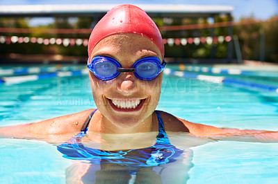 Buy stock photo Sports, portrait or happy woman in swimming pool for competition training, workout or energy. Face, practice and cardio with female swimmer, goggles and athlete for exercise, wellness or fitness