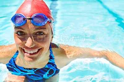 Buy stock photo Sports, portrait or happy woman in swimming pool for fitness training, cardio workout or energy. Smile, practice and face of female swimmer or athlete with goggles for exercise, wellness or activity