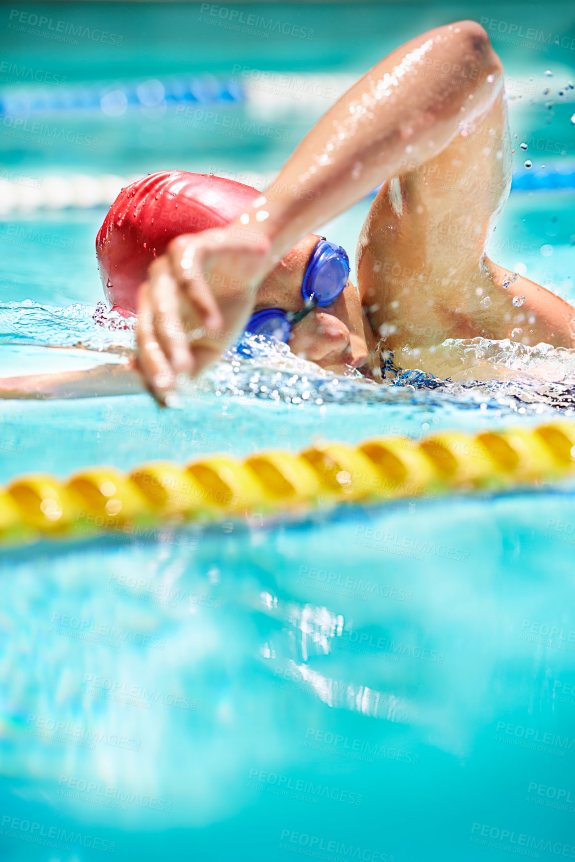 Buy stock photo Sports, stroke or person in swimming pool for competition training, cardio workout or fitness. Energy, water splash and fast swimmer and athlete for exercise, championship and race at gala with speed