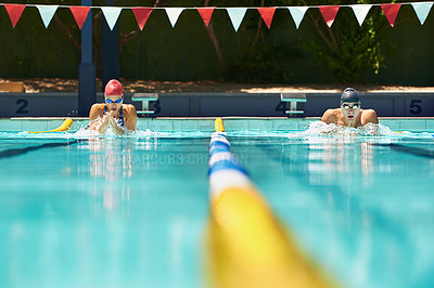 Buy stock photo Sports, event or people in swimming pool for competition training, workout or fitness together. Fast, water or cardio with swimmers and athletes for exercise, championship and race at gala in summer