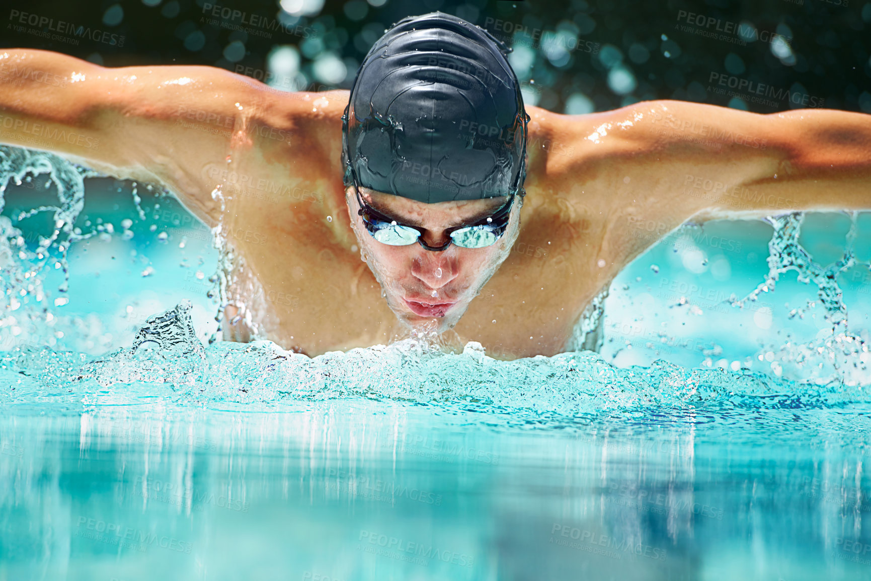 Buy stock photo Health, sports and training with man in swimming pool for competition, workout and energy. Strong, water splash and cardio with male swimmer and practice for athlete, championship and race at gala