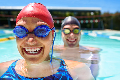 Buy stock photo Goggles, portrait or happy couple in swimming pool for sports training, workout or teamwork for fitness. Face, swimmers or athletes in exercise for support, health or wellness with smile in water