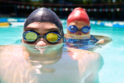 Buy stock photo Water, faces or people in swimming pool for sports training, workout or activity for fitness together. Friends, swimmers or calm athletes in exercise for development, health or wellness with teamwork