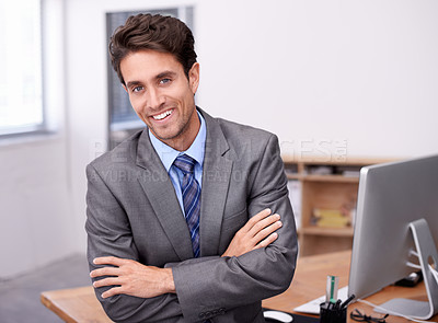 Buy stock photo Portrait of happy businessman at desk with smile, arms crossed and career in legal inspection at law firm. Confident attorney, lawyer or business man with office job as quality assurance professional