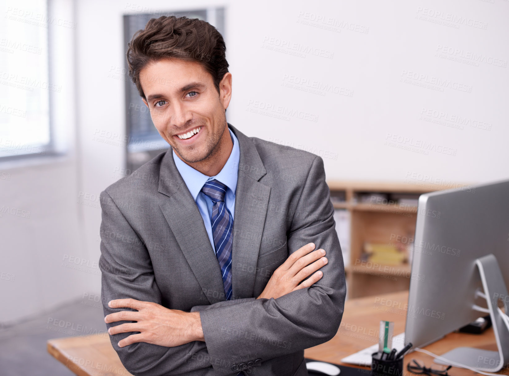 Buy stock photo Portrait of happy businessman at desk with smile, arms crossed and career in legal inspection at law firm. Confident attorney, lawyer or business man with office job as quality assurance professional