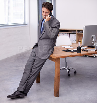 Buy stock photo Phone call, thinking and young businessman in the office for legal advice with communication. Technology, smile and professional male attorney on mobile discussion for law case in modern workplace.