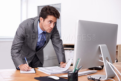 Buy stock photo Business man, writing notes and computer for planning, reading report and planning and documents review. Accountant or auditor with notebook, bookkeeping paperwork and priority or list in his office