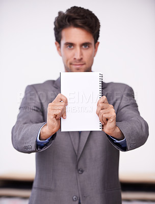 Buy stock photo Business man, paper mockup and portrait for planning, presentation and show information, ideas or list in office. Professional person show space on a notebook for brainstorming, news or announcement