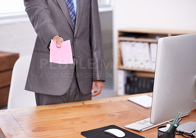 Buy stock photo Paper, warning and closeup of businessman in the office offer a company note with information. Legal career, technology and professional male attorney with firing slip or letter in workplace.