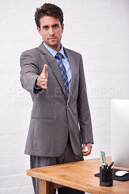 Buy stock photo Business man, shaking hands and introduction in office interview, recruitment or welcome to b2b deal, success or offer. Portrait of corporate worker with professional handshake, onboarding or hiring