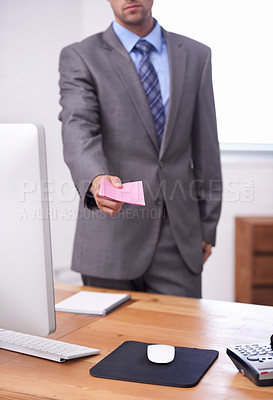 Buy stock photo Note, warning and closeup of businessman in the office offer a company paper with information. Legal career, technology and professional male attorney with corporate firing slip in workplace.
