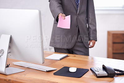 Buy stock photo Paper, warning and closeup of businessman in the office offer a company note with information. Legal career, technology and professional male attorney with a firing slip in modern workplace.