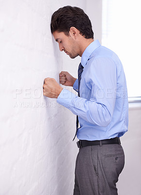 Buy stock photo Businessman, stress and head on wall for depression, burnout and anxiety for challenge fail. Financial crisis, frustrated and a tired professional in bankruptcy, debt and worry for office mistake
