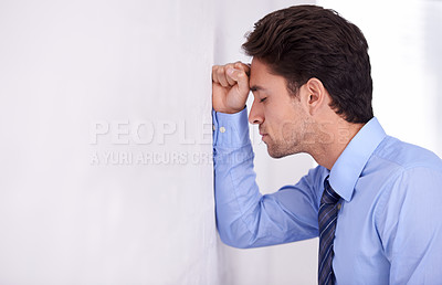 Buy stock photo Depression, business man and head on wall for financial crisis, burnout and anxiety for challenge fail. Stress, frustrated and a tired professional in bankruptcy, debt and mistake in office mockup 