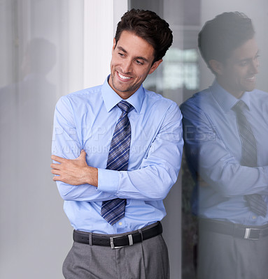 Buy stock photo Thinking, crossed arms and business man with crossed arms with confidence, pride and ambition. Corporate entrepreneur, professional and happy worker for career, job and working in modern office