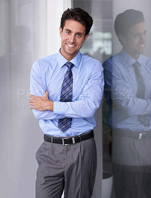 Buy stock photo Window, crossed arms and portrait of business man in workplace with confidence, pride and ambition. Corporate entrepreneur, professional and happy worker for career, job and working in modern office