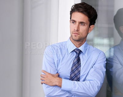Buy stock photo Thinking, crossed arms and business man by window in workplace with confidence, pride and ambition. Corporate entrepreneur, professional and worker for career, job ideas and working in modern office