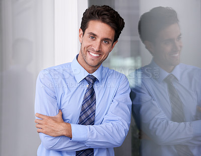 Buy stock photo Window, crossed arms and portrait of businessman in workplace with confidence, pride and ambition. Corporate entrepreneur, professional and happy worker for career, job and working in modern office