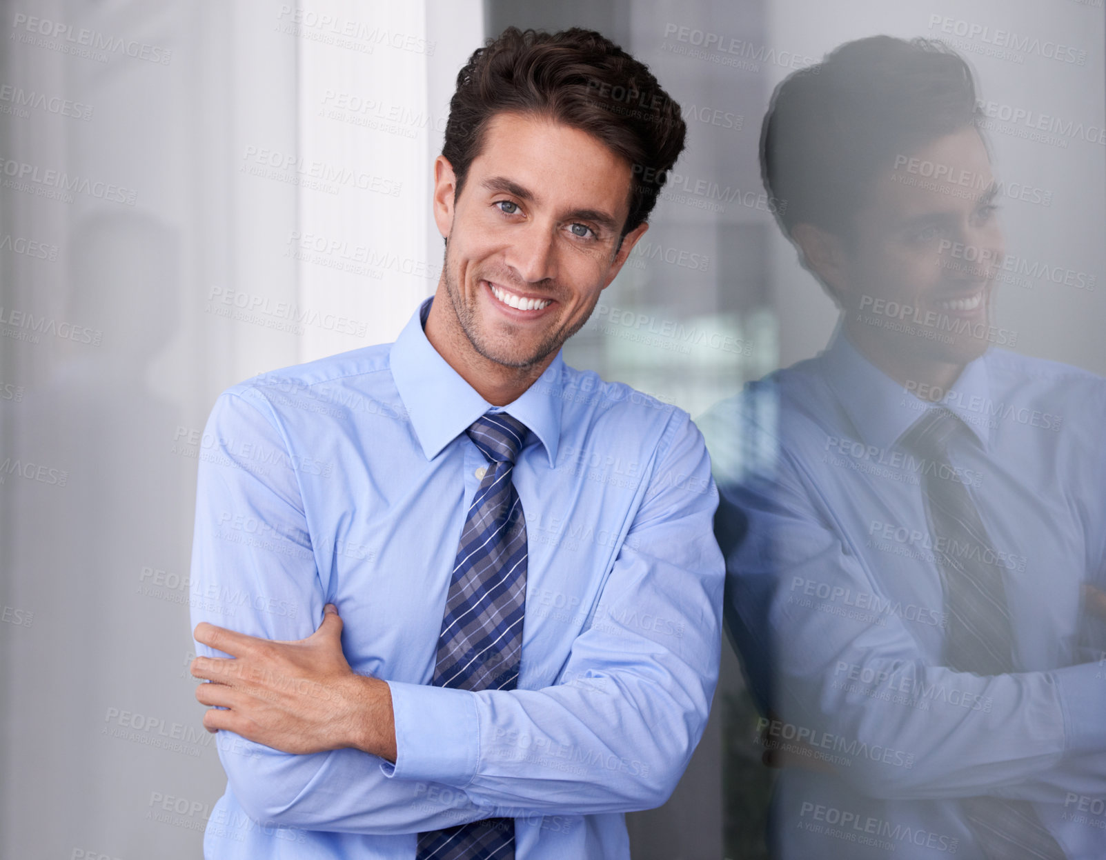 Buy stock photo Window, crossed arms and portrait of businessman in workplace with confidence, pride and ambition. Corporate entrepreneur, professional and happy worker for career, job and working in modern office