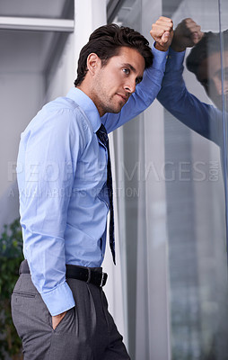 Buy stock photo Thinking, idea and young businessman in the office planning for a corporate legal or law case. Brainstorming, problem solving and professional male attorney with question face expression in workplace