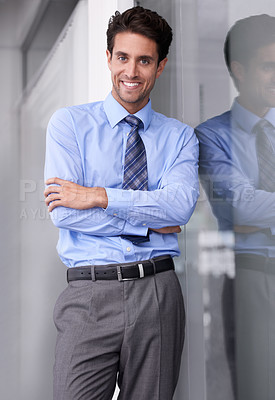 Buy stock photo Window, crossed arms and portrait of businessman in office with confidence, pride and ambition. Corporate entrepreneur, professional and happy worker for career, job and working in modern workplace