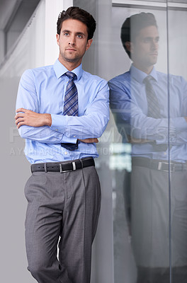 Buy stock photo Window, thinking and business man in office with confidence, pride and ambition for career. Corporate entrepreneur, crossed arms and worker for professional, job and working in modern workplace