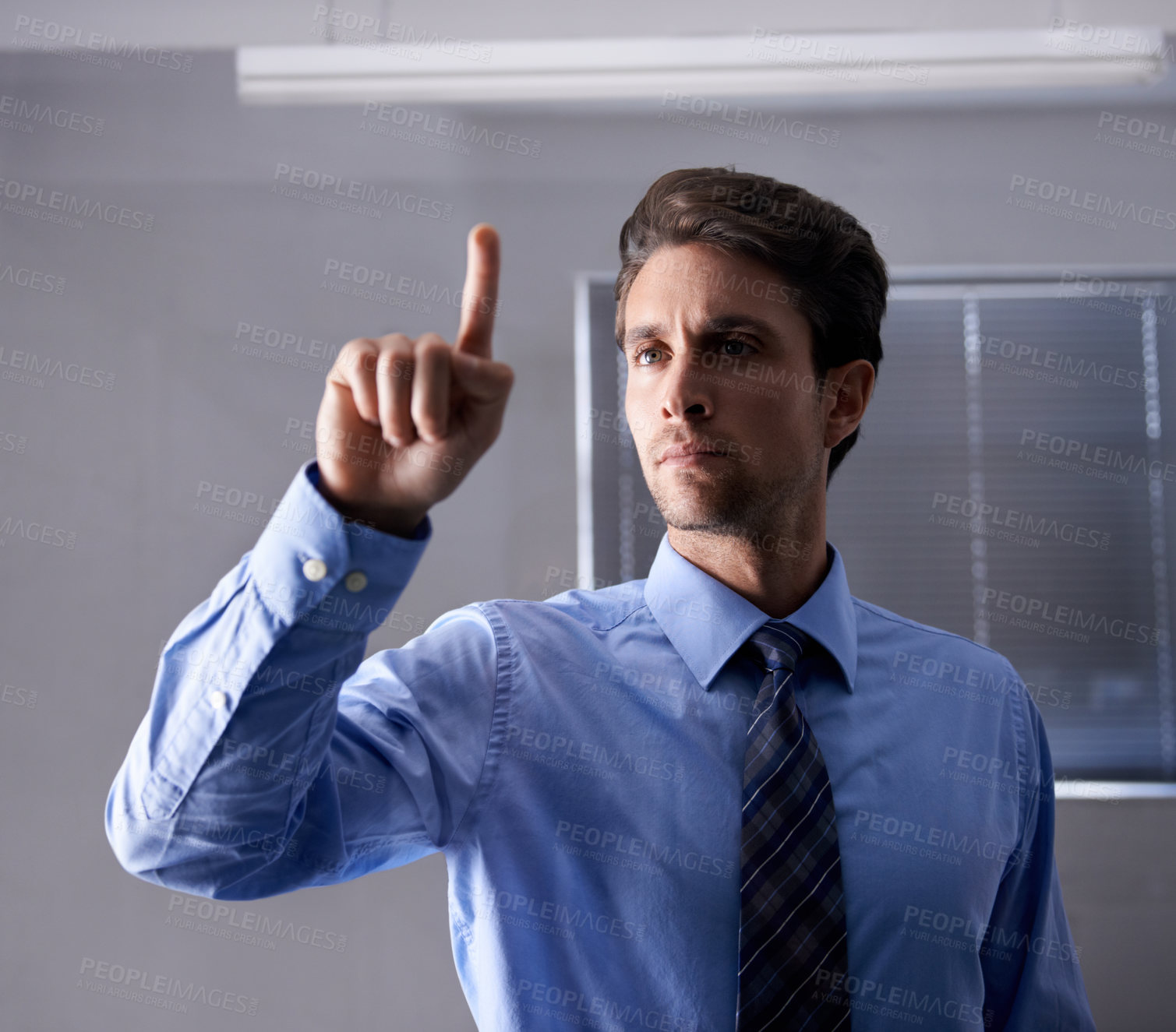 Buy stock photo Businessman, touch and finger interface for dashboard technology, futuristic and tech innovation in office. Entrepreneur, virtual or search with hand on screen, choice or serious professional at work